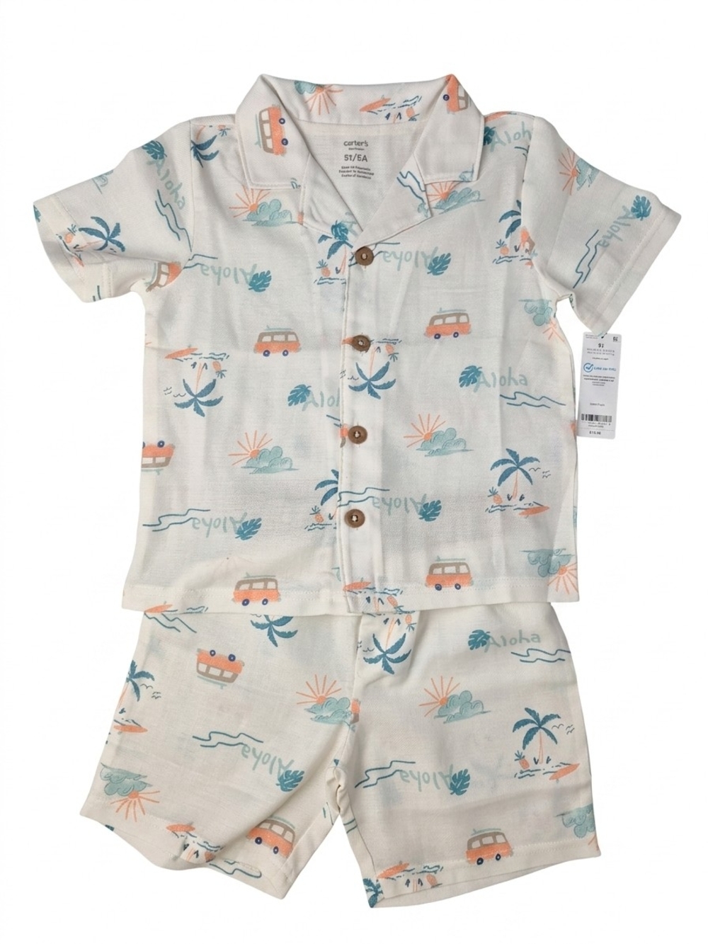 Carter's Kids Two-Piece Aloha Print Pajama Set - Cream with Teal & Peach